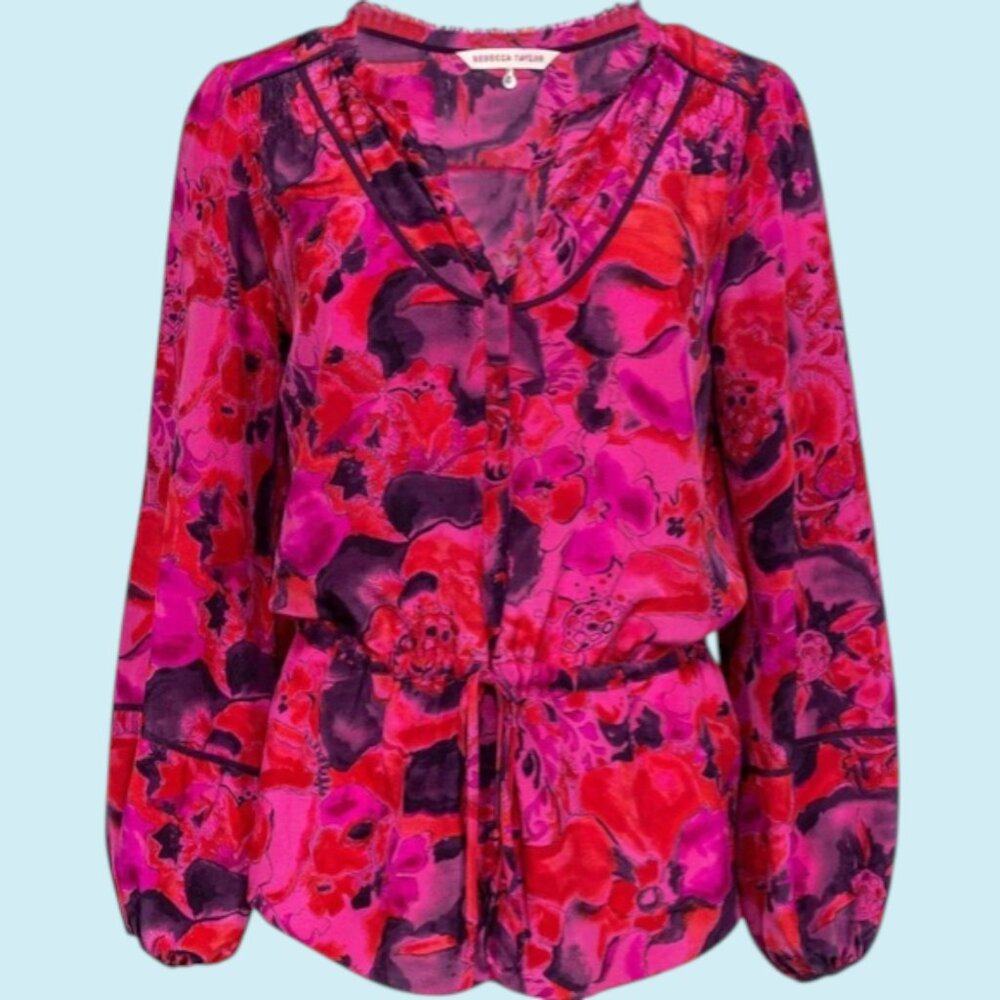 Rebecca Taylor Floral Silk Blouse Size Small Fuchsia Bubble Sleeve Cinch Waist